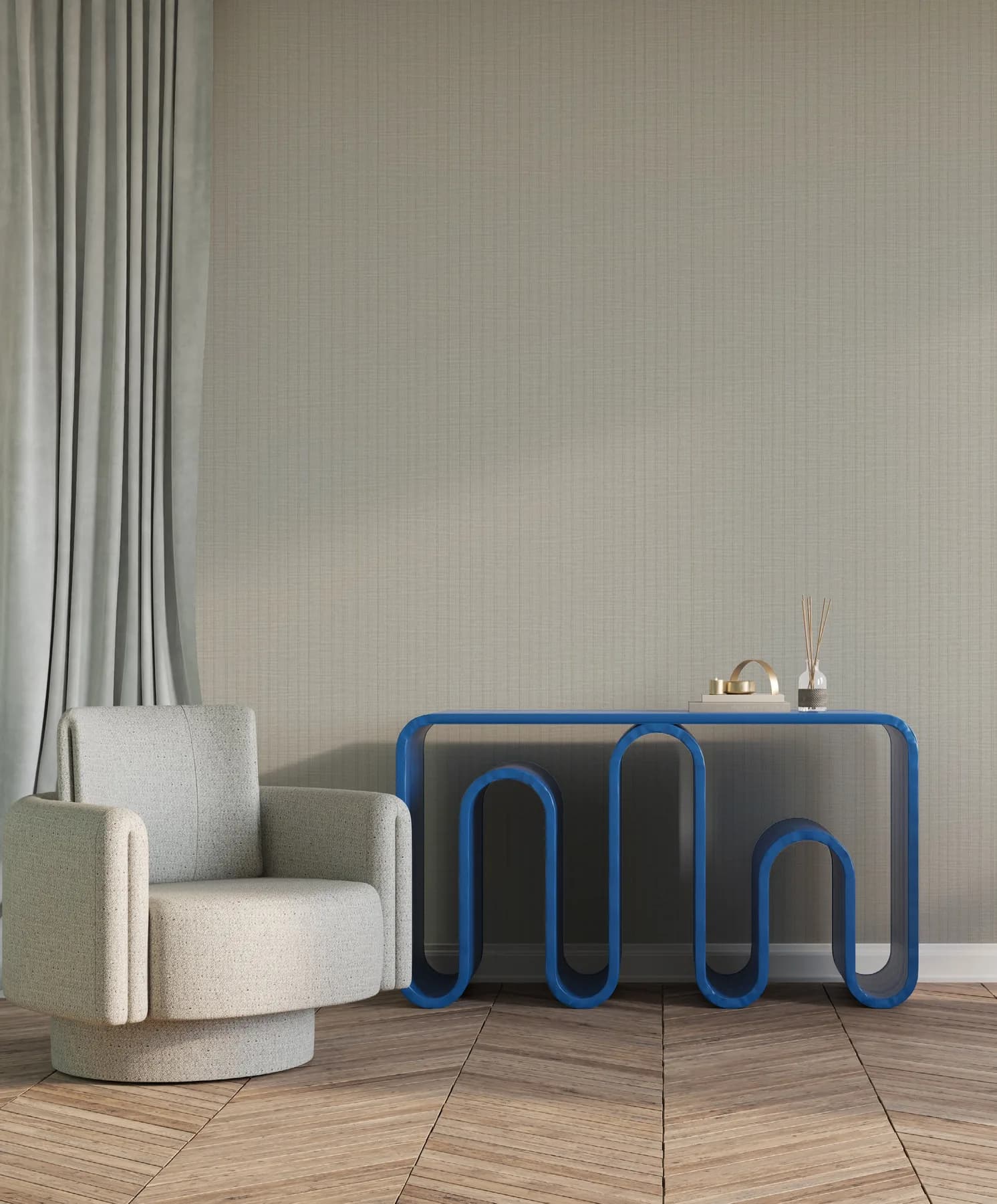 Opus Pinstripe İnce Dikey Çizgili Tekstil Duvar Kaplaması, OP2706 ile kaplı oda