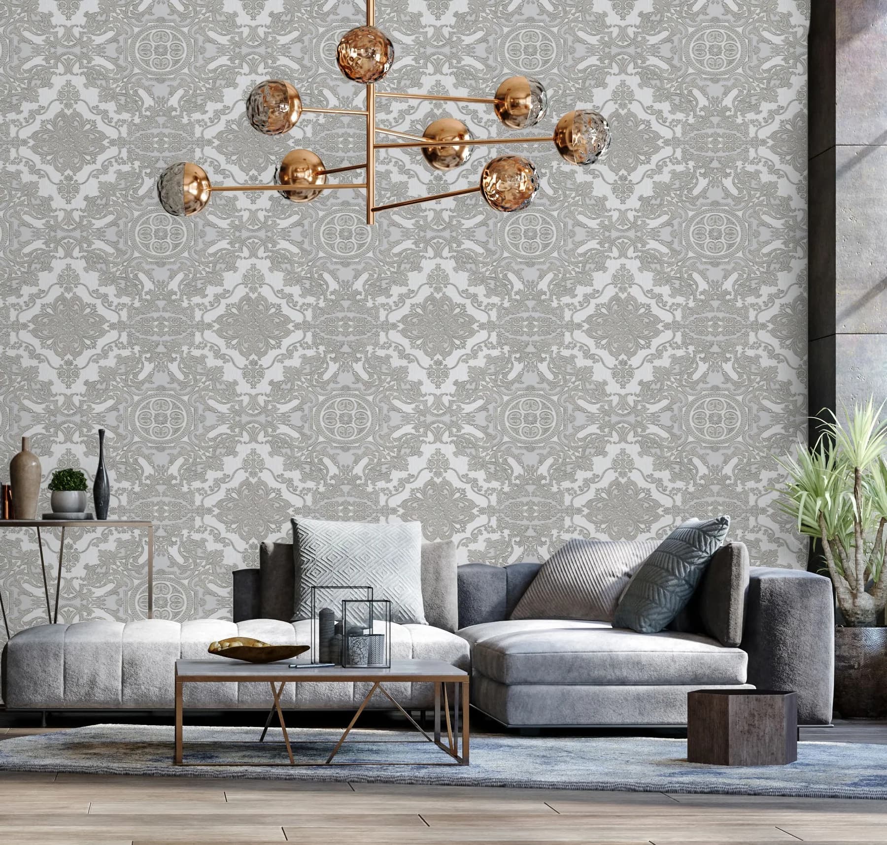 Rococo Madalyon Damask Desenli Duvar Kağıdı, 1301-3
