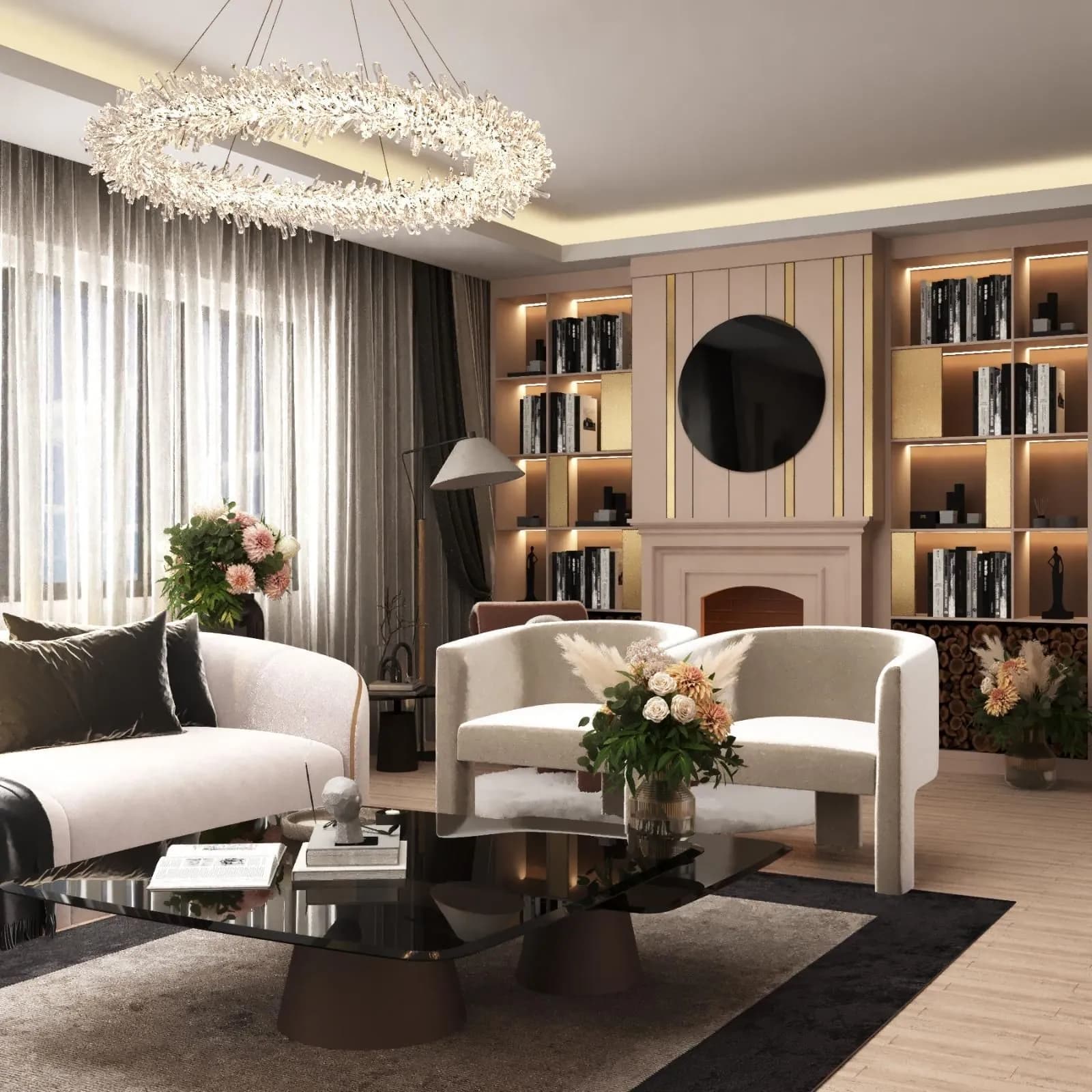 Şömineli, kitaplıklı salon tasarımı