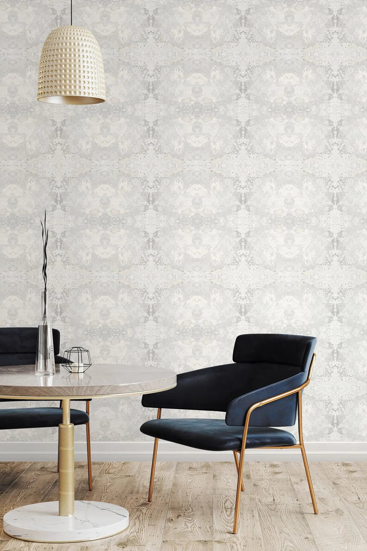 Afra Madalyon Damask Desenli Duvar Kağıdı, 80234 İnci Grisi renk, oda uygulaması