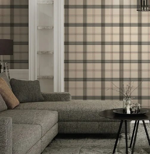 Alfa Tartan Kumaş Dokulu Duvar Kağıdı, 3714-3 Kum Beji renk, oda uygulaması