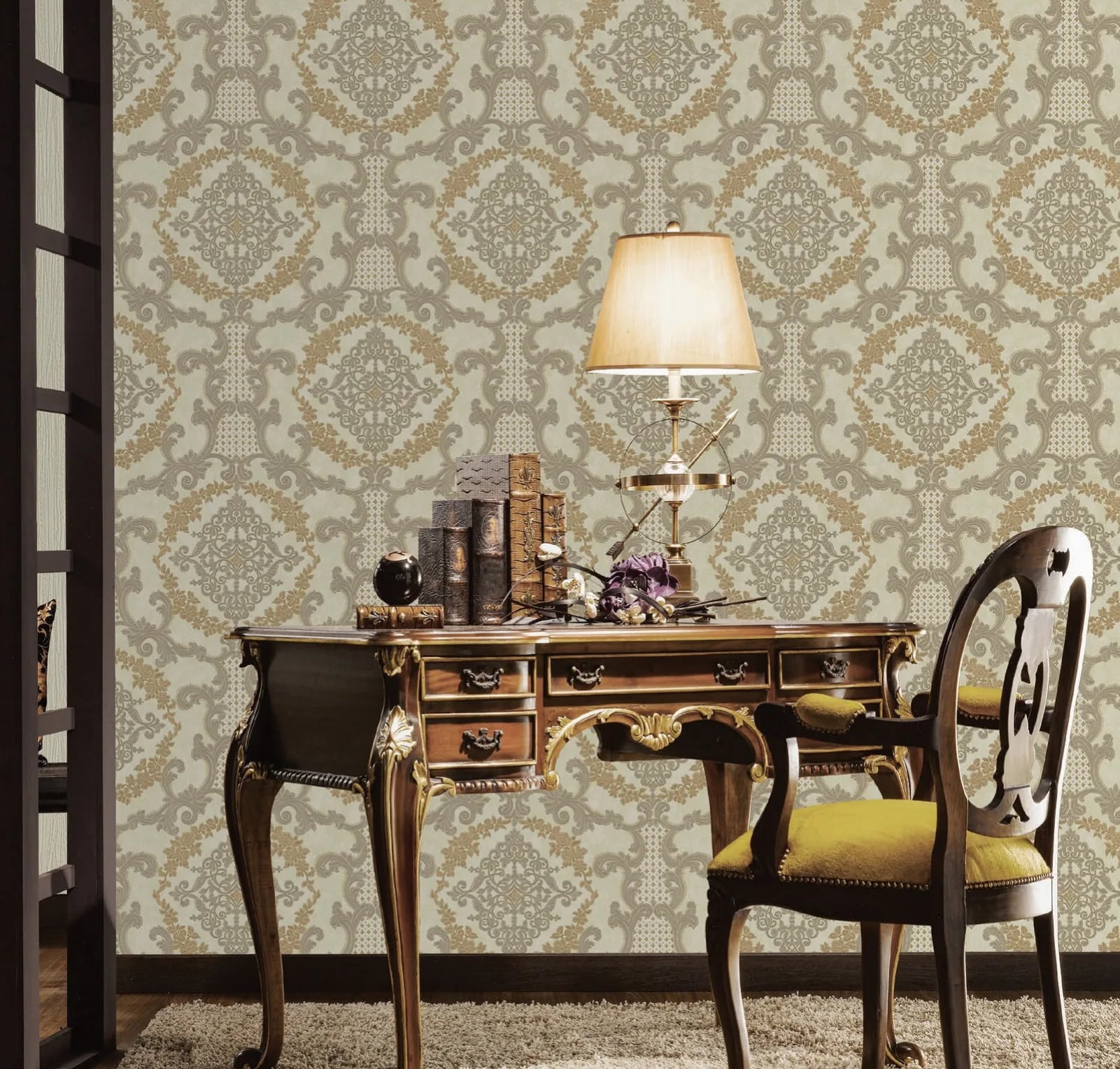 Ephes Madalyon Damask Desenli Duvar Kağıdı, 6802-4 Bej Altın renk, oda uygulaması