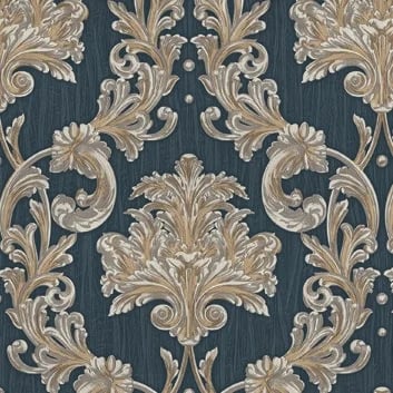Ephes Barok Damask Desenli Duvar Kağıdı, 6808-5 Gece Mavisi renk, doku yakın plan