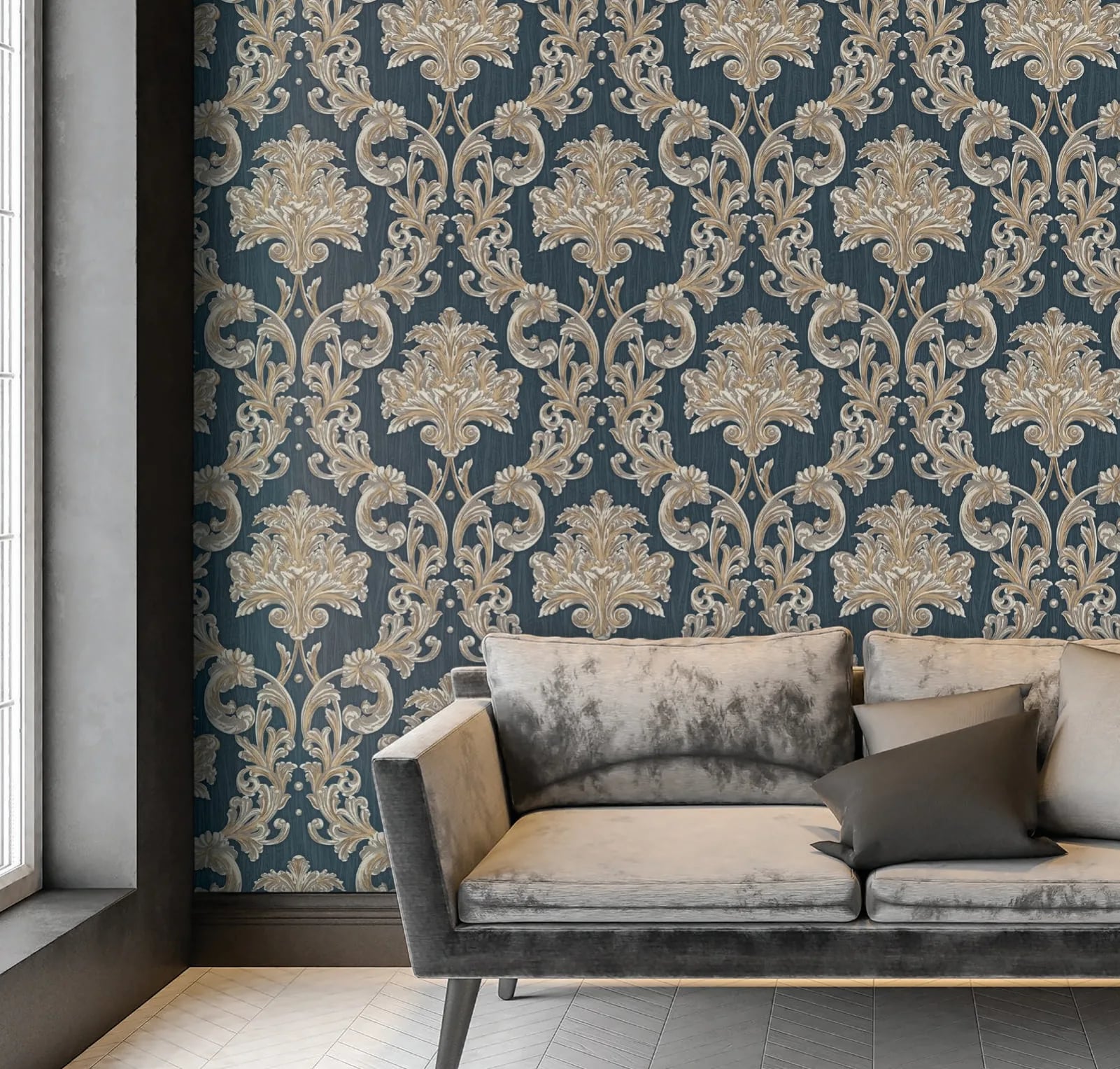 Ephes Barok Damask Desenli Duvar Kağıdı, 6808-5 Gece Mavisi renk, oda uygulaması