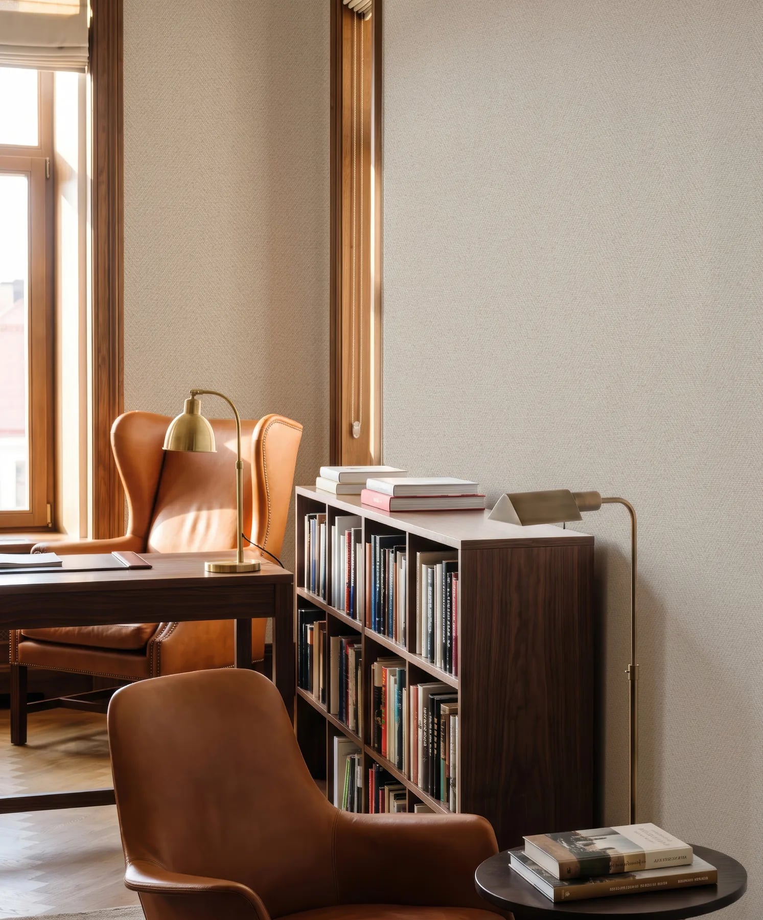 Opus Tweed Balıksırtı Dokulu Tekstil Duvar Kaplaması, OP32370 Kireç Taşı (Limestone) renk, oda uygulaması