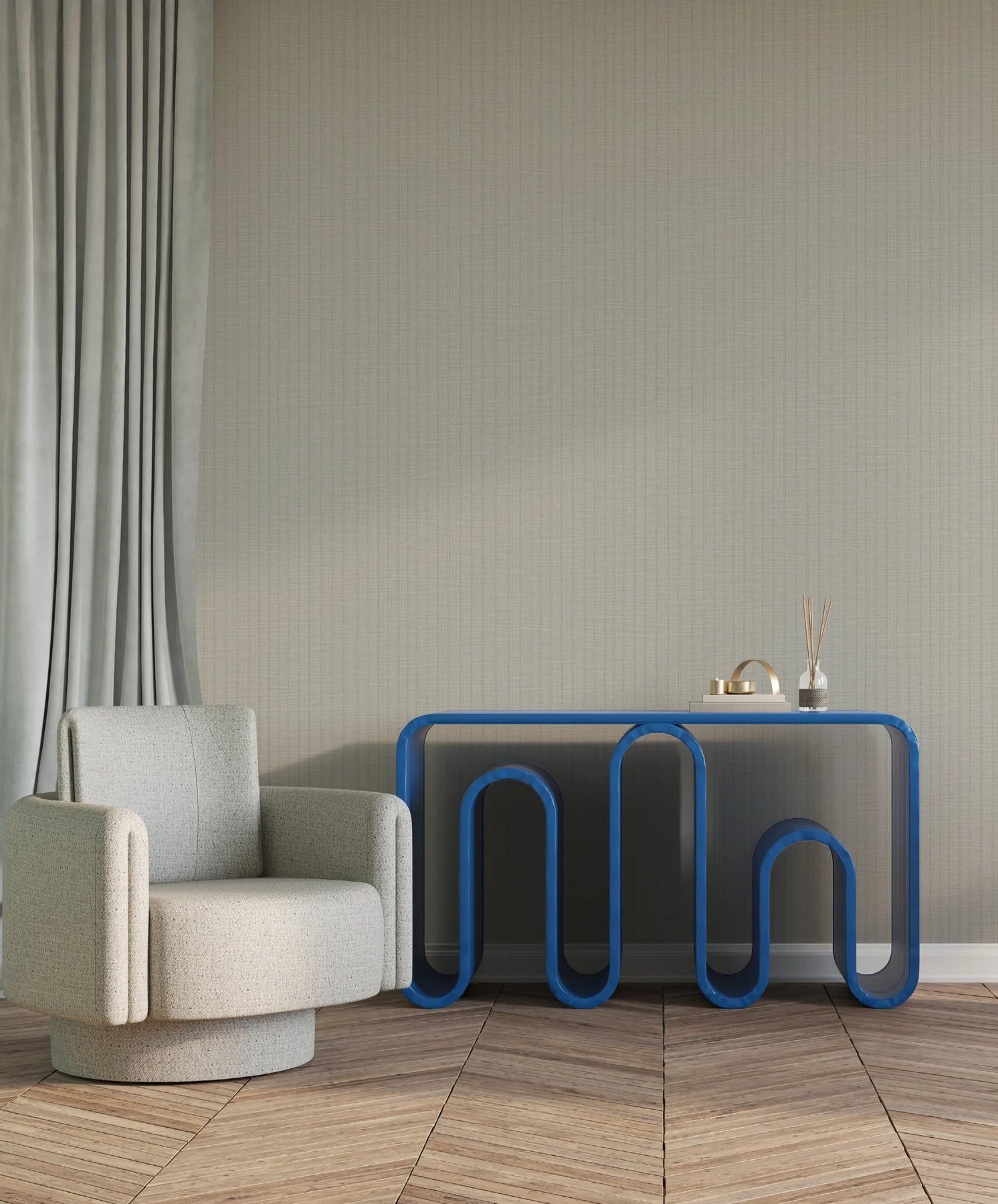Opus Pinstripe İnce Dikey Çizgili Tekstil Duvar Kaplaması, OP2706 Gri Bej (Greige) renk, oda uygulaması