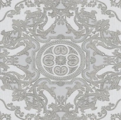 Rococo Madalyon Damask Desenli Duvar Kağıdı, 1301-3 Gümüş Gri renk, doku yakın plan