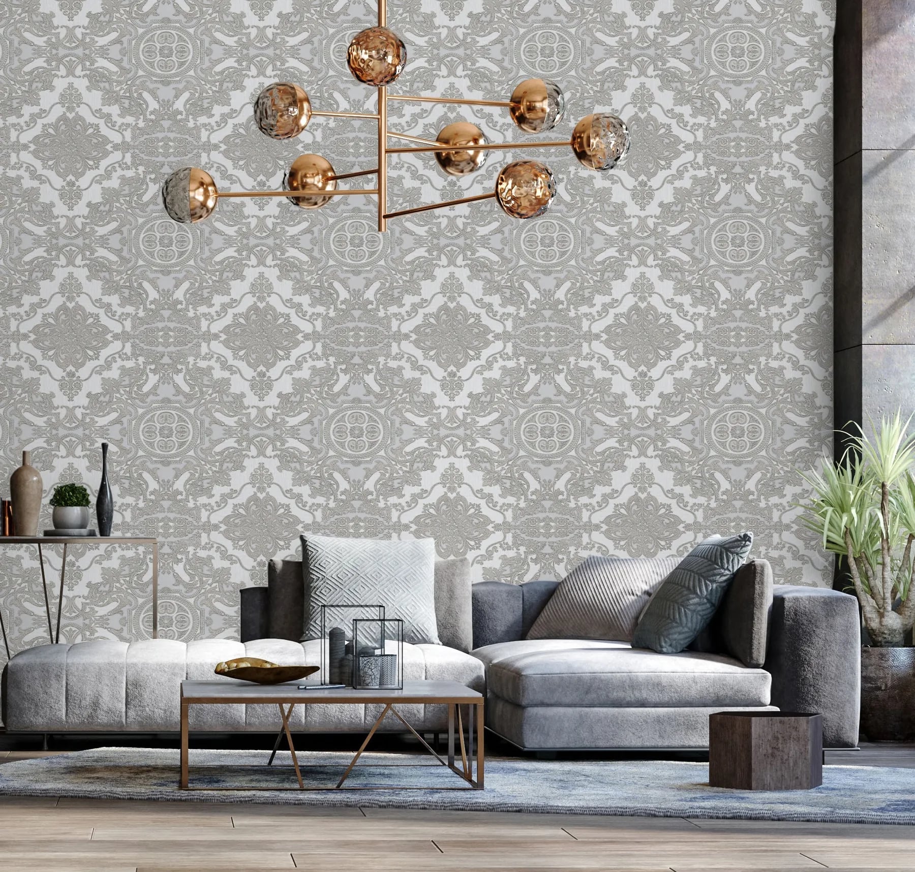 Rococo Madalyon Damask Desenli Duvar Kağıdı, 1301-3 Gümüş Gri renk, oda uygulaması