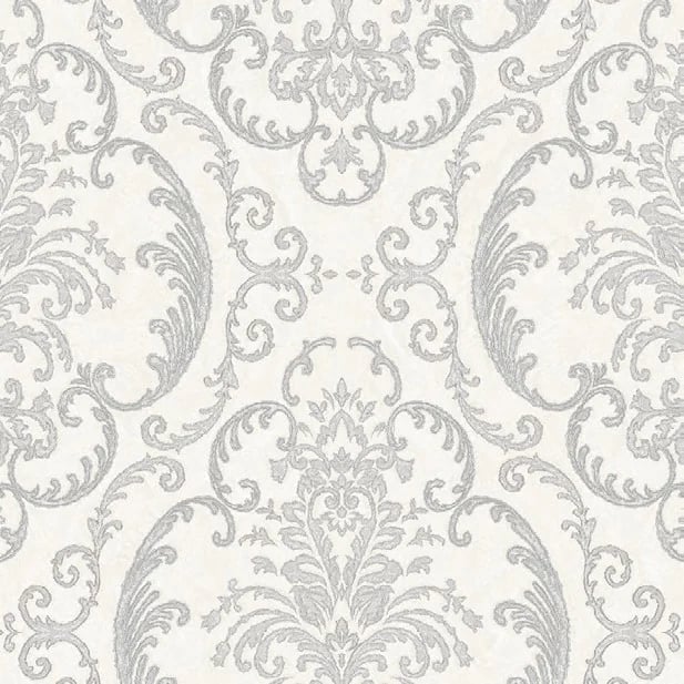 Rococo Kartuş Damask Desenli Duvar Kağıdı, 1312-1 Kırık Beyaz renk, doku yakın plan
