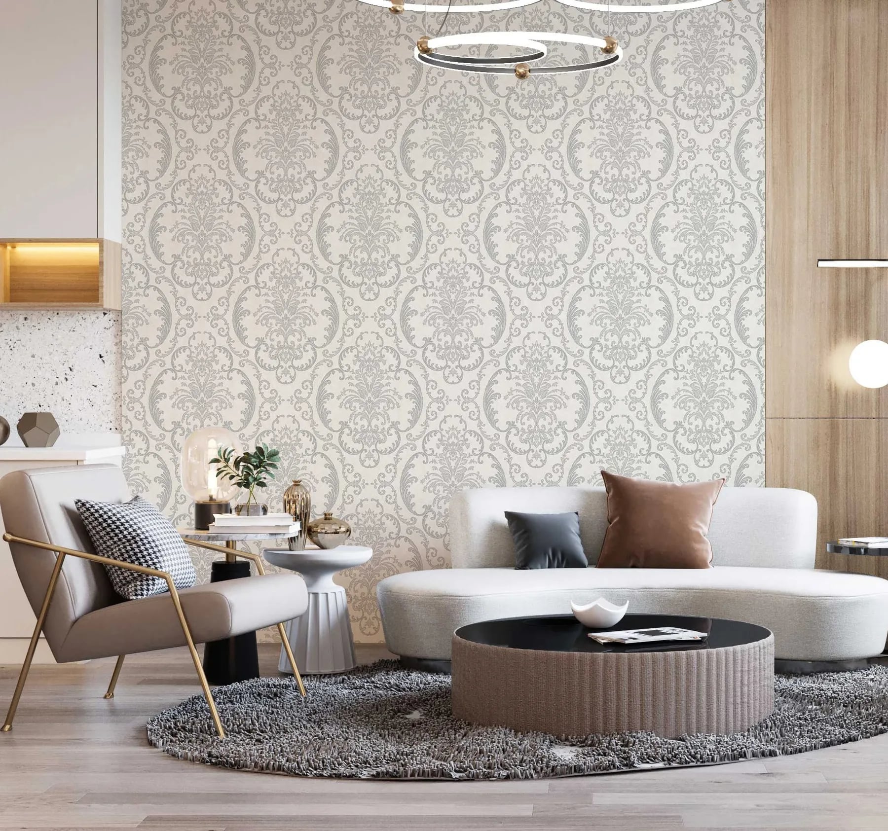 Rococo Kartuş Damask Desenli Duvar Kağıdı, 1312-1 Kırık Beyaz renk, oda uygulaması