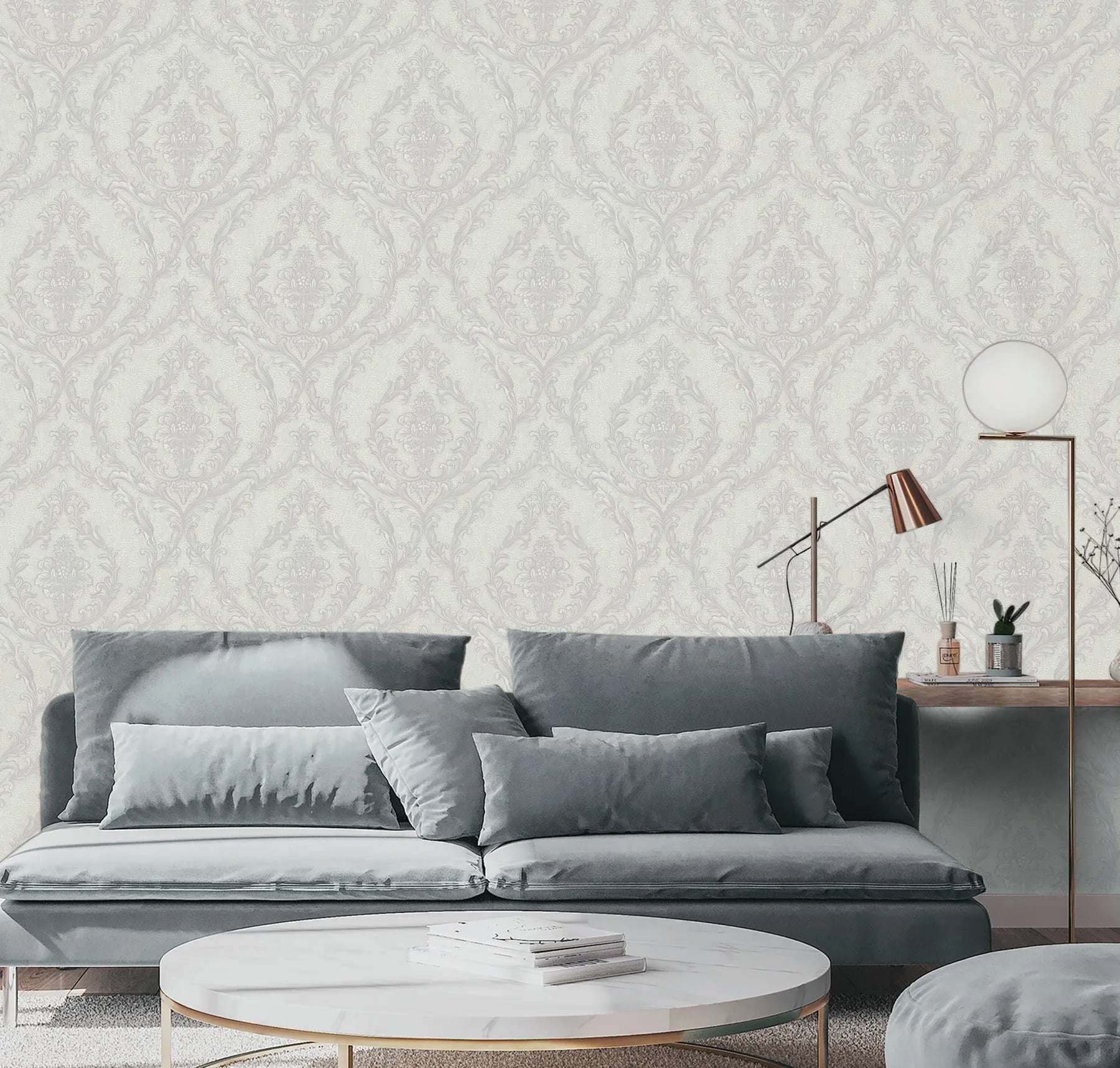 Rococo Versay Damask Desenli Duvar Kağıdı, 1401-3 Gümüş Gri renk, oda uygulaması