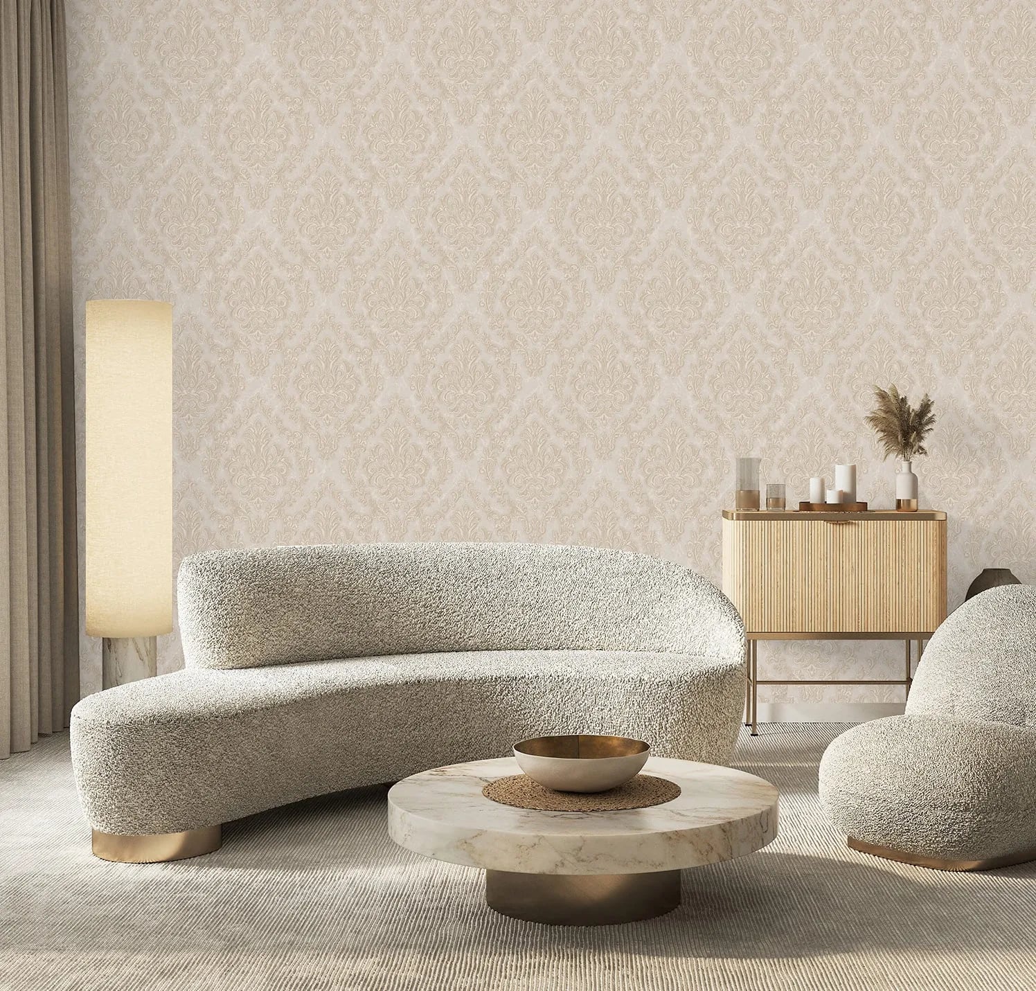 Rococo Kraliçe Damask Desenli Duvar Kağıdı, 1405-3 Pudra Bej renk, oda uygulaması
