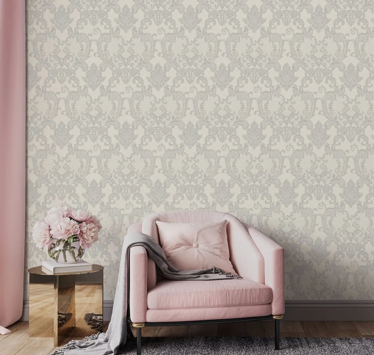Rococo Dantel Damask Desenli Duvar Kağıdı, 1411-3 Gümüş Gri renk, oda uygulaması