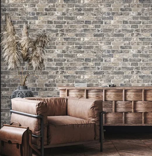 Roka Loft Tuğla ve Beton Görünümlü Duvar Kağıdı, 23104-3 Füme Gri renk, oda uygulaması