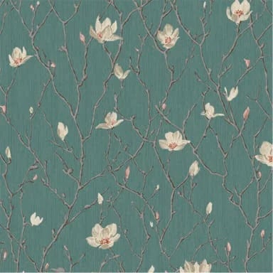 Seven Manolya Botanik Desenli Duvar Kağıdı, 7800-4 Petrol Yeşili renk, doku yakın plan