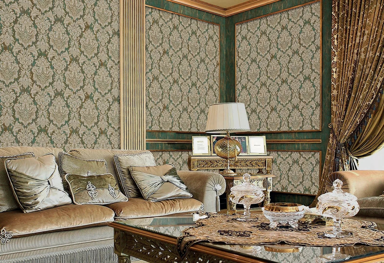 Seven Saray Damask Desenli Duvar Kağıdı, 7807-4 Zümrüt Altın renk, oda uygulaması