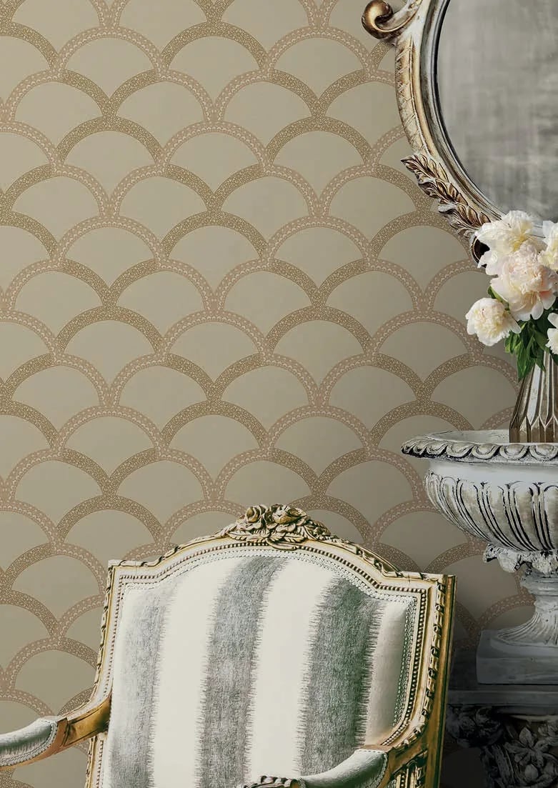 Seven Yelpaze Geometrik Desenli Duvar Kağıdı, 7811-4 Bronz Bej renk, oda uygulaması