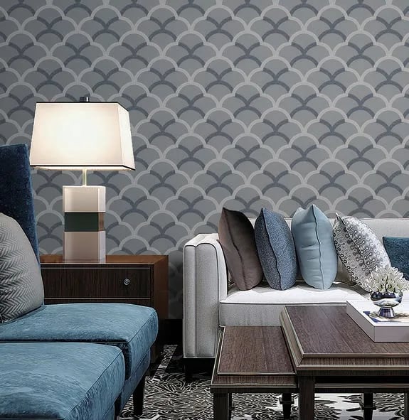 Seven Yelpaze Geometrik Desenli Duvar Kağıdı, 7811-3 Füme Lacivert renk, oda uygulaması