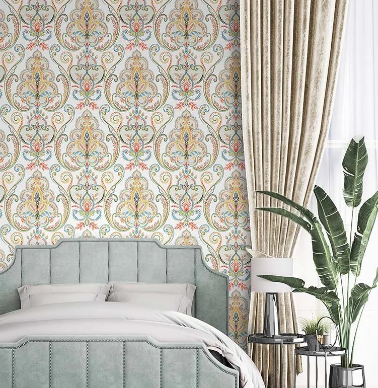Tropicano Şal Damask Desenli Duvar Kağıdı, 9901-3 Çok Renkli renk, oda uygulaması