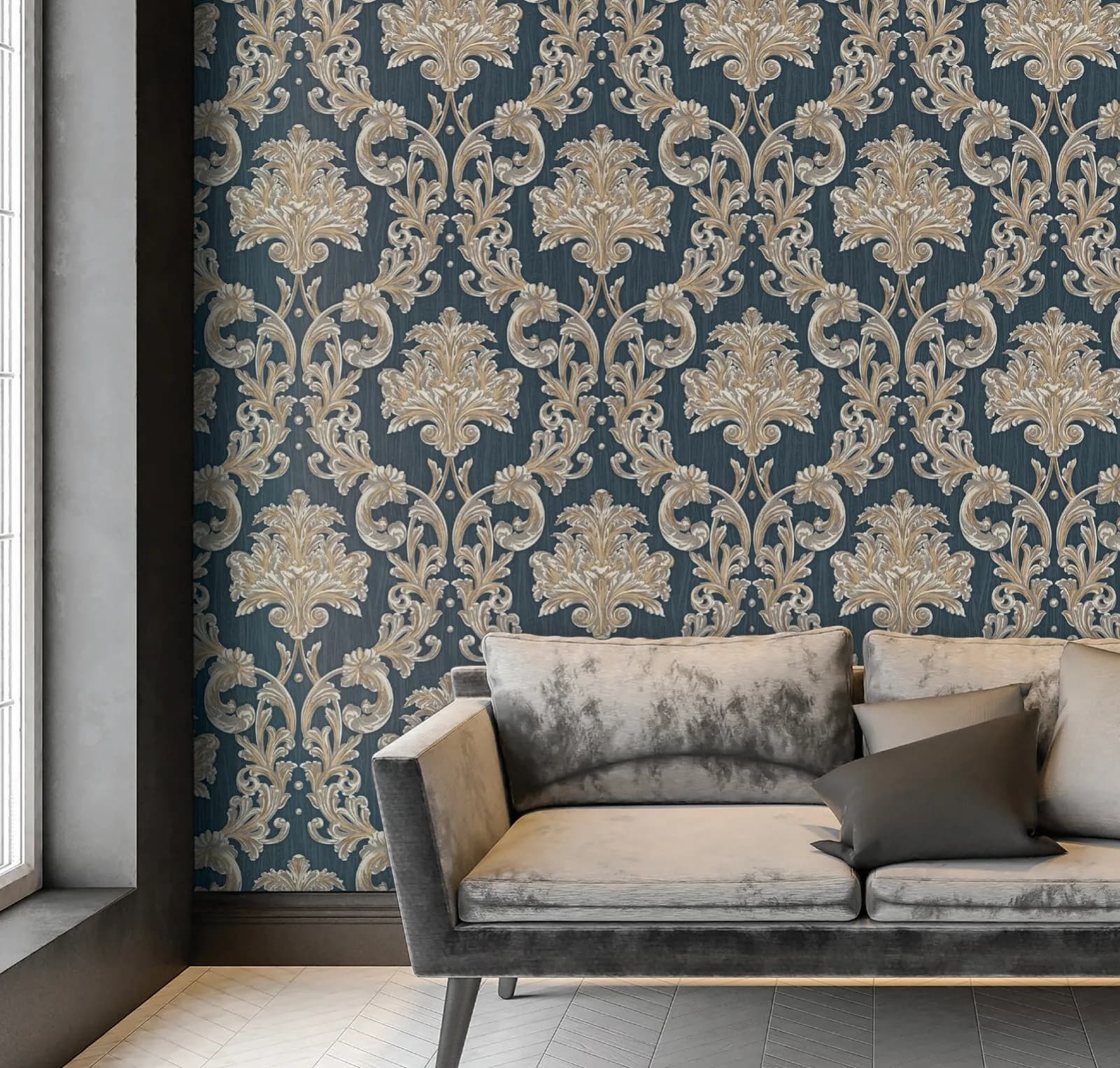 Ephes Barok Damask Desenli Duvar Kağıdı, 6808-5 ile kaplanmış iç mekân