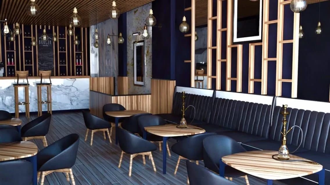 Lacivert koltuklu kafe tasarımı