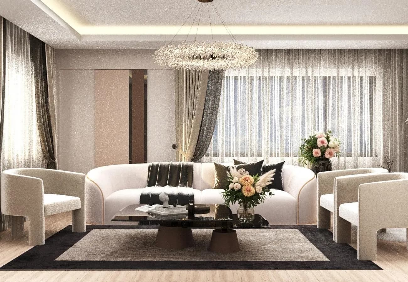 Beyaz koltuklu aydınlık salon tasarımı