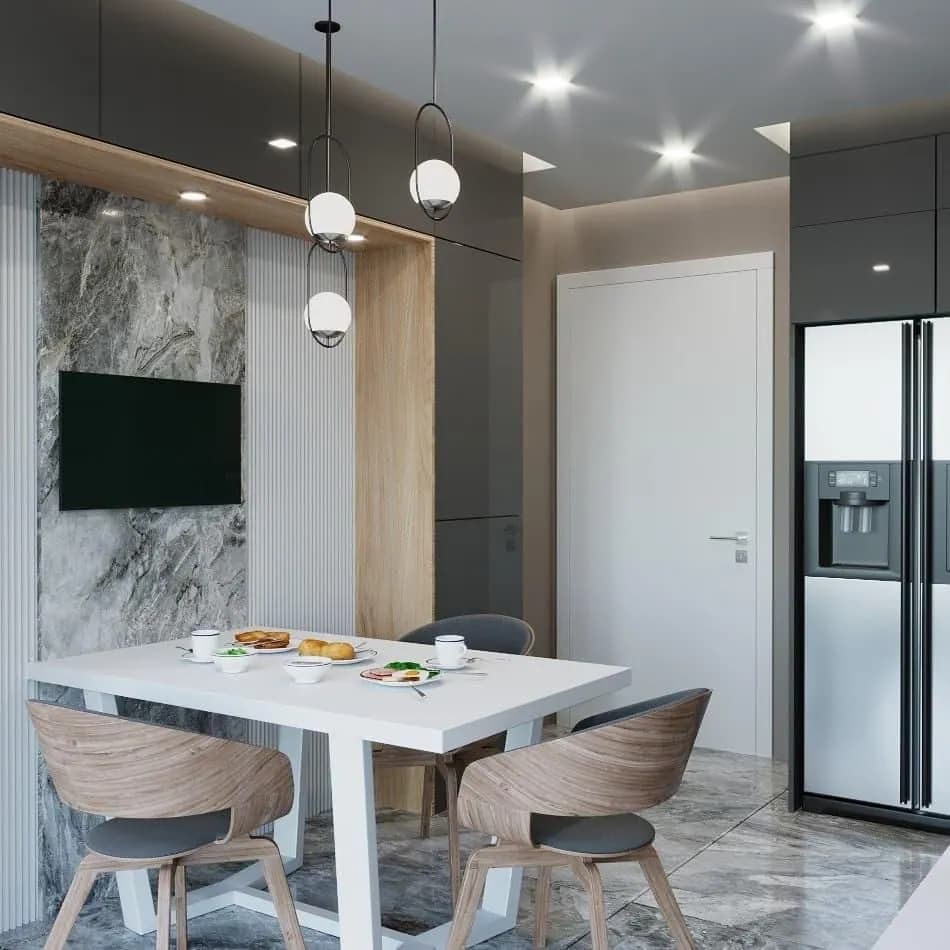Mermer duvarlı yemek alanı tasarımı
